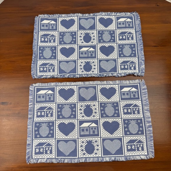 Other - Vintage Blue White Woven Fringed Placemats Set of 2 Pineapple Heart House Mats